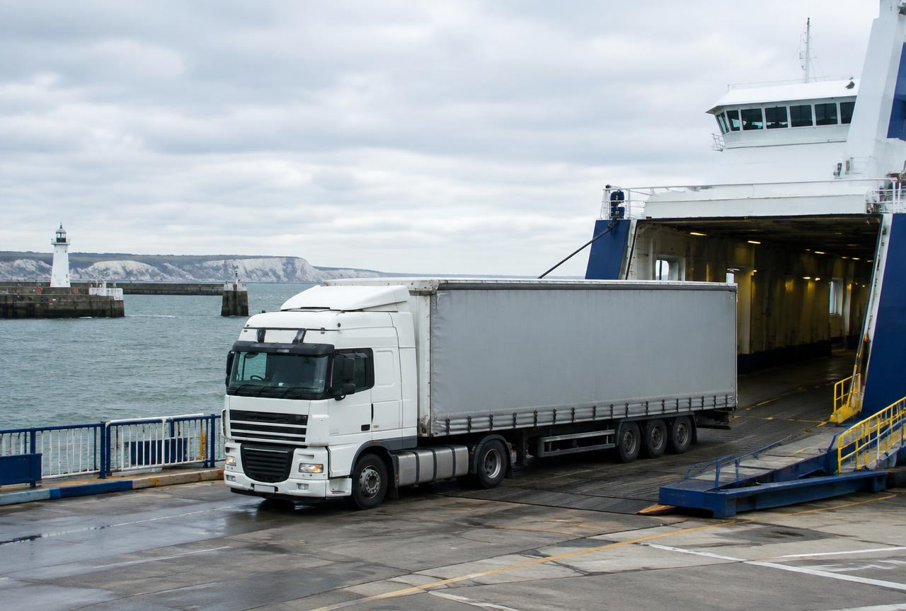 Lorry at a UK ferry port, part of a coordinated European freight movement