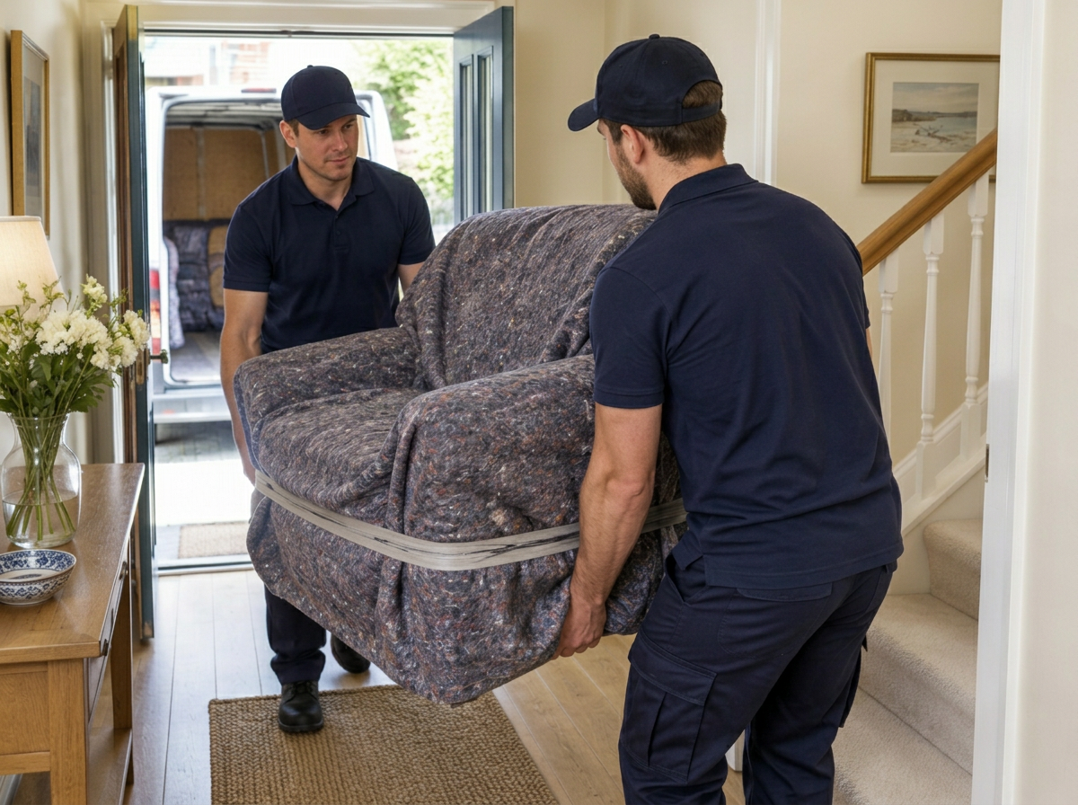 Two team members carrying a blanket-wrapped armchair into a home