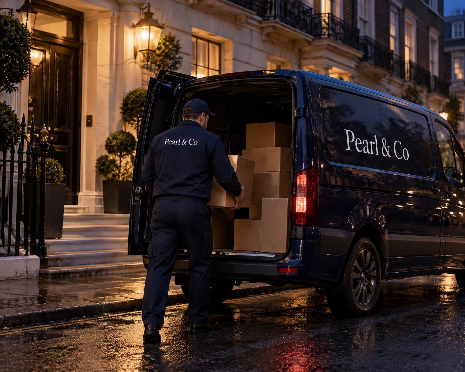 Pearl & Co courier in navy uniform loading parcels into a branded navy van outside a townhouse at dusk