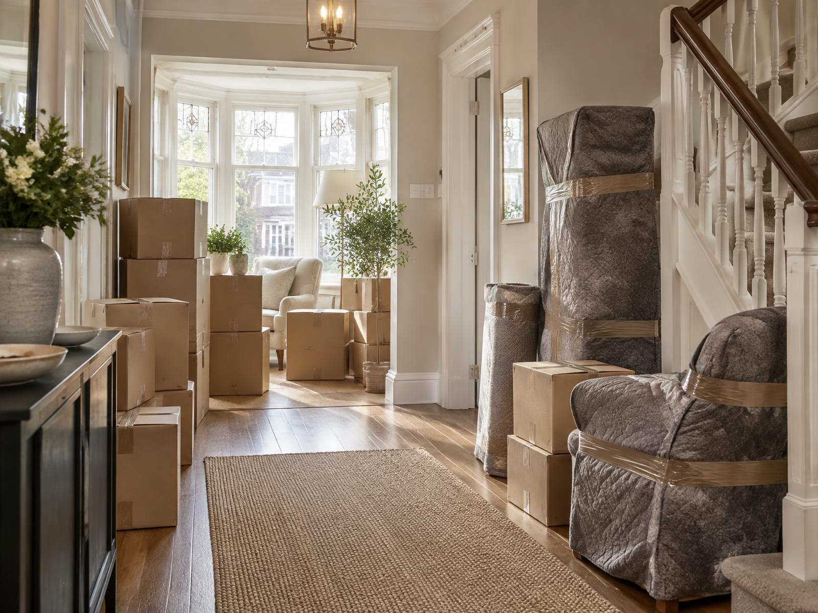 Carefully blanket-wrapped furniture and labelled boxes in a bright London home during a respectful house clearance