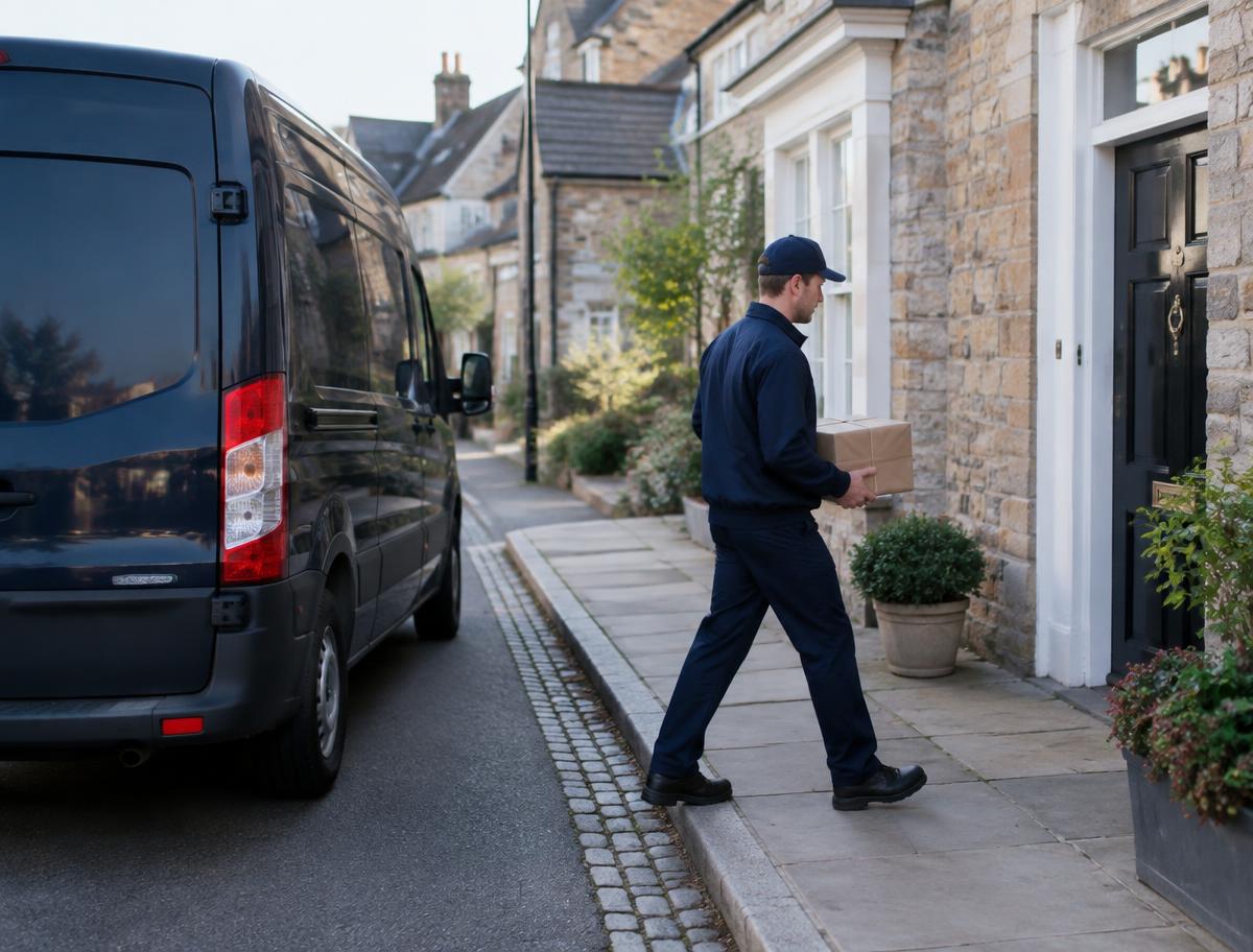 Courier carrying a package from a navy van to a front door