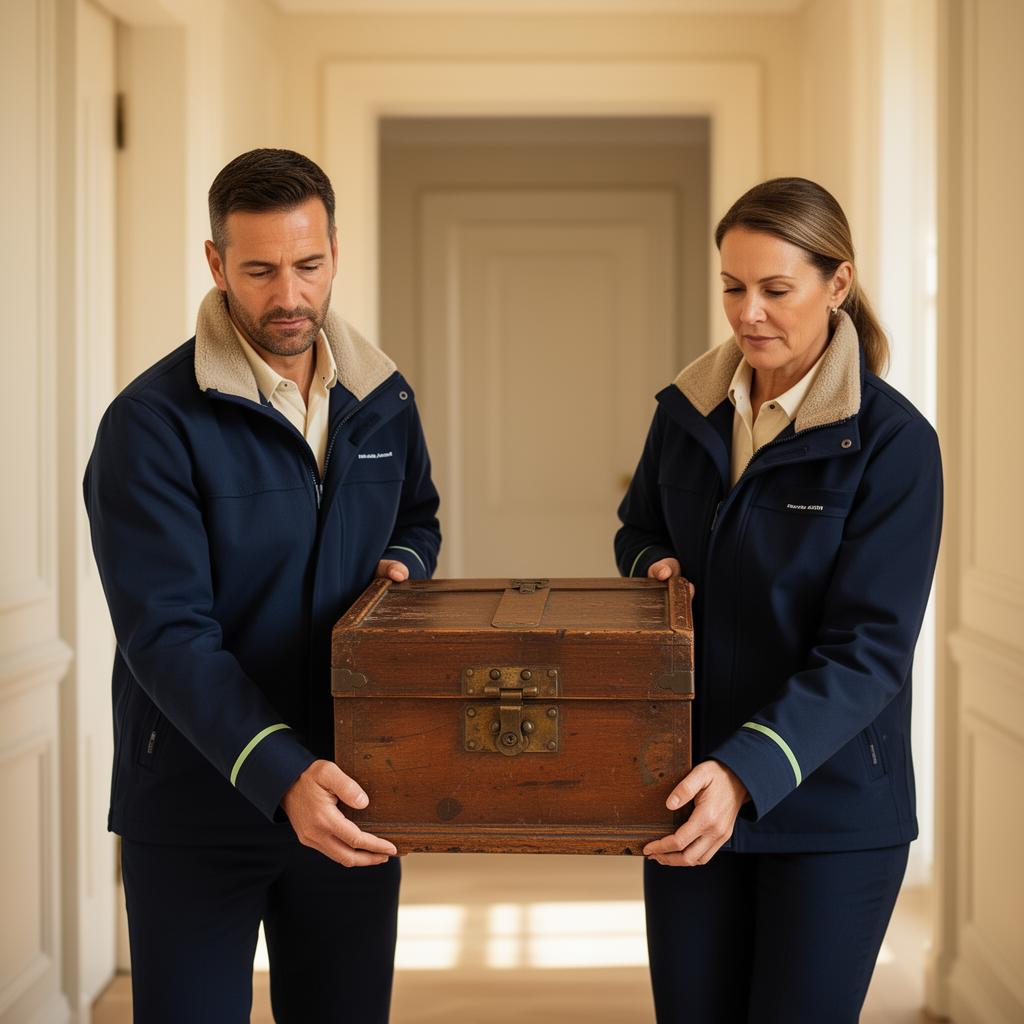 Two Pearl & Co team members carefully carrying an antique chest